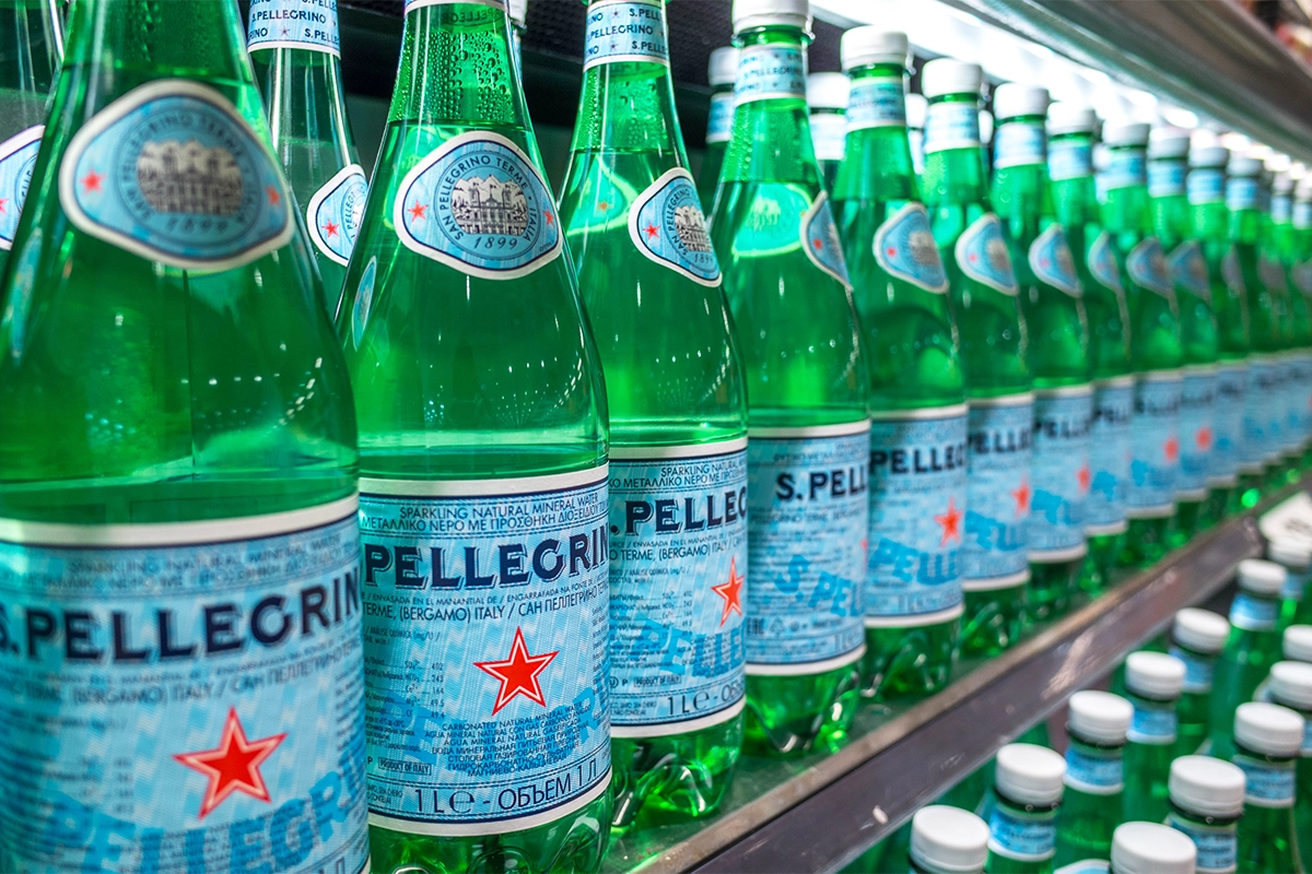 Bottles of S.Pellegrino sparkling water.